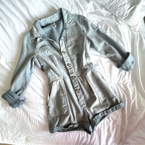 Free People Blue Denim Long Sleeve Utility Sleeve Romper - Picture 1 of 3